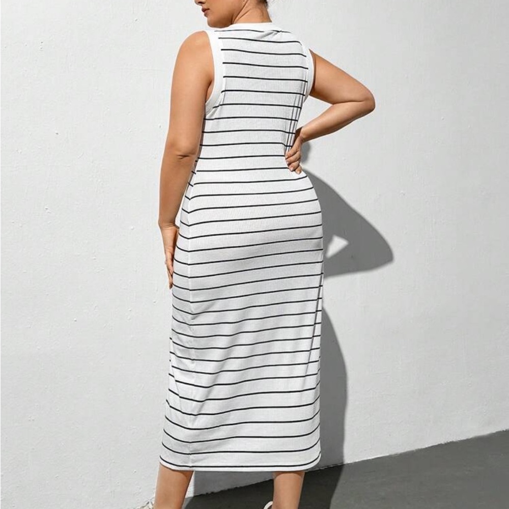 Classic Plus Size Striped Front Button Down Sleeveless Dress White - Picture 2 of 5